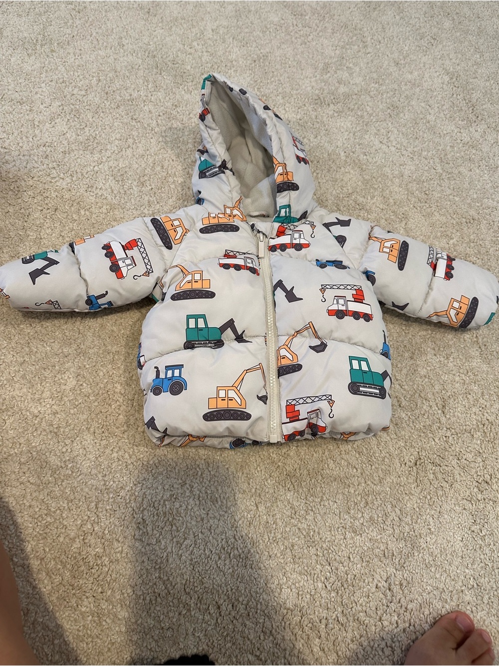Primark Cream Hooded Puffer Jacket with Colorful Construction Vehicles